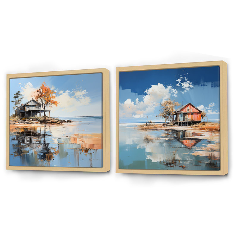 «Lakehouse Summer Charm Beach - Lakes Lakehouse», ensemble de 2 collages carrés, Cadre flottant brun, H 16 po x l 33 po