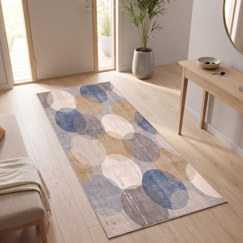 Tapis d'intérieur/extérieur à poils courts, motif géométrique moderne Obsidian Circles, bleu, gris, or, crème, ivoire, lavable en machine, antidérapant, adapté aux animaux domestiques, pour salon, chambre, salle à manger, entrée, couloir, bureau