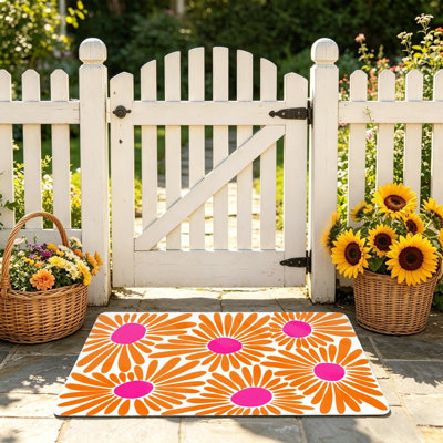 Tapis à motif de marguerites abstraites sur fond blanc et rose 24 po x 36 po pour porte d'entrée