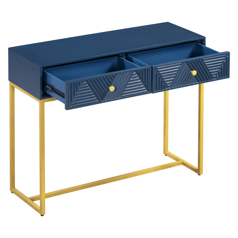 Modern console table with two storage drawers & stripe design, sleek entryway sofa table for living room & hallway, navy