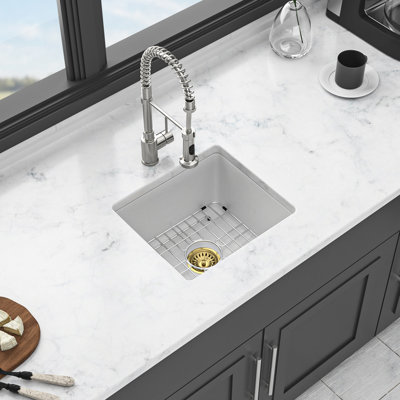 White Quartz Kitchen Sink, Undermount, High - End Material, Quiet And Non Porous, Rounded Corners, Standard Drain, Grid, Template Undermount Thick Smooth Composite, Operation, Strainers, Drying Rack