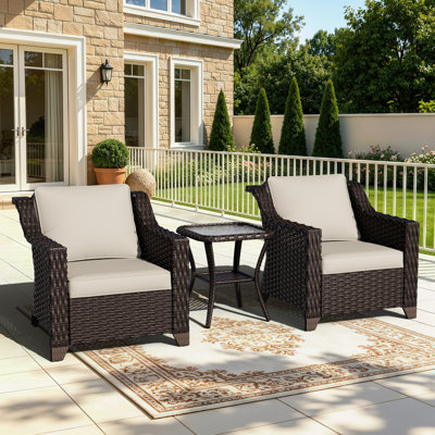 3-Piece Outdoor Rattan Wicker Conversation Set, Patio Furniture with 2 Armchairs, Removable Cushions & Tempered Glass Side Table, Weather-Resistant Garden Seating for Backyard, Porch, and Poolside