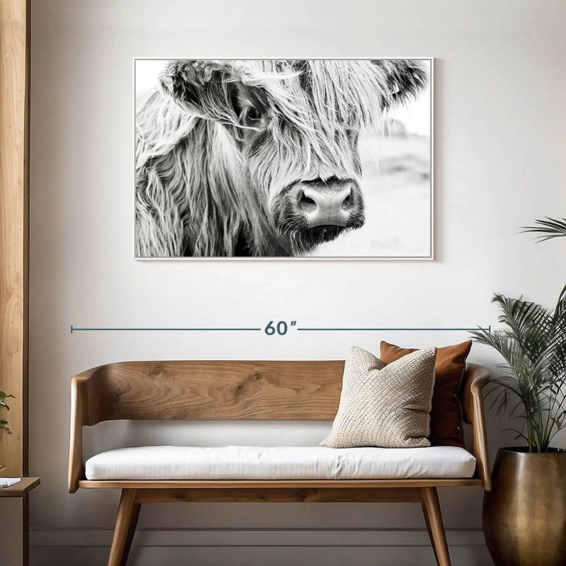 Vache à poils longs, Cadre flottant blanc, 43 po x 29 po
