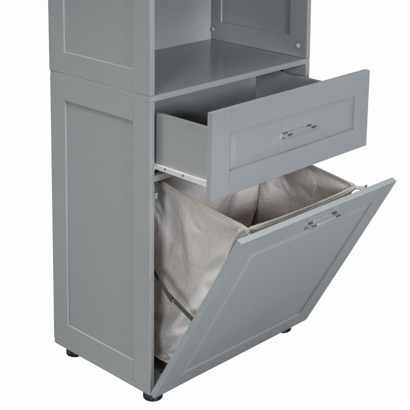 Grande armoire de salle de bain avec panier à linge, grand panier à linge inclinable et armoire de rangement supérieure, Gris