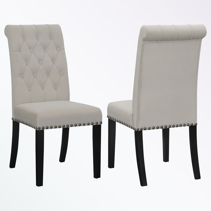 Chaise de salle à manger 2 pièces avec dossier capitonné et clous décoratifs, Sable