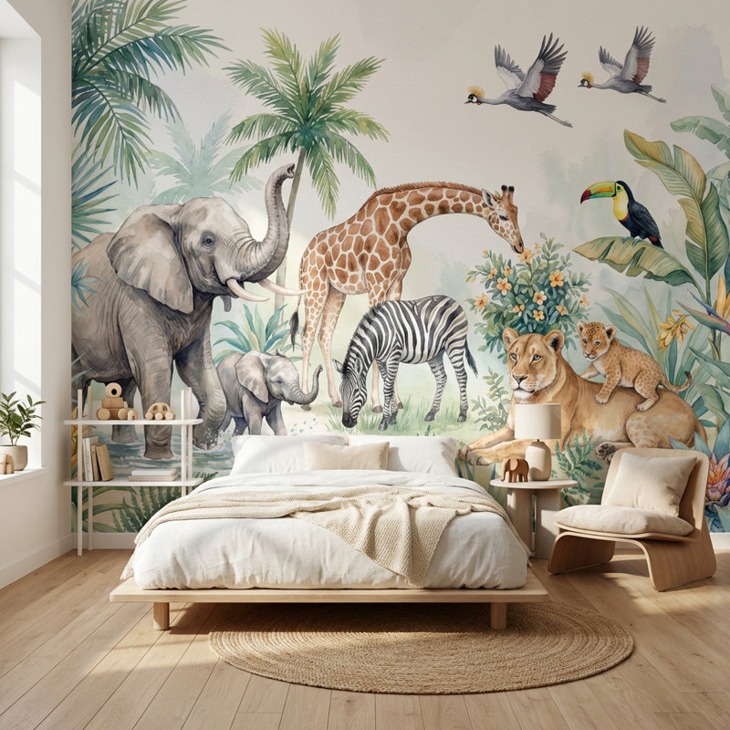 Papier peint nature jungle animaux tropicaux, 100 po x 96 po, Peler et coller