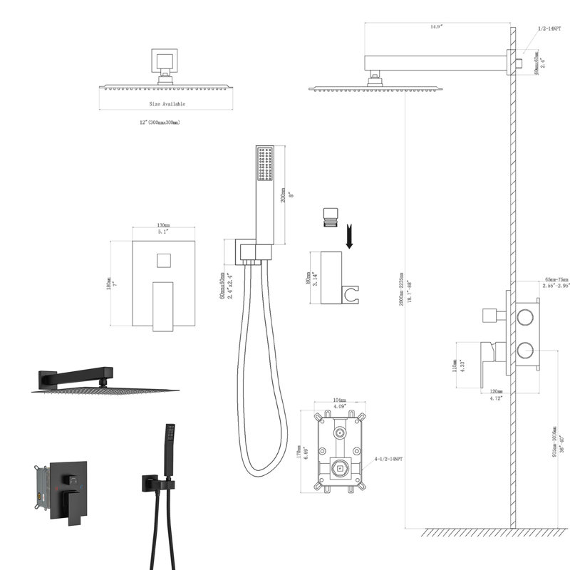 Pomme de douche double 12 po, noir mat, ensemble mural carré noir avec pomme de douche