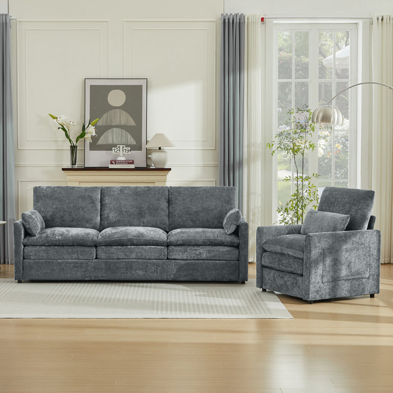  Ensemble de canapé de salon 2 pièces en chenille moderne, Gris