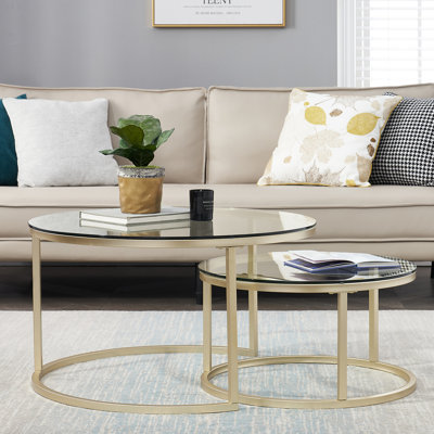 Modern Nesting Side Coffee Tables, Clear Tempered Glass Tops with Golden Metal Circular Frame