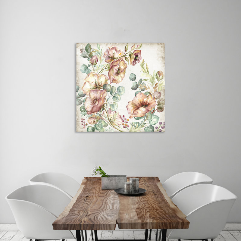 Watercolor Blush Poppies & Eucalyptus - reproduction d'art sur toile tendue, H 18 po x l 18 po x P 1,5 po