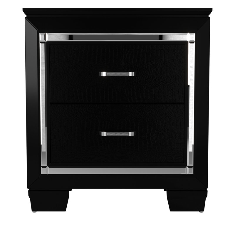 Table de chevet de chambre à coucher en noir avec détails en faux alligator et 2 supports de tiroir pour l'organisation des espaces en bois simplifiés