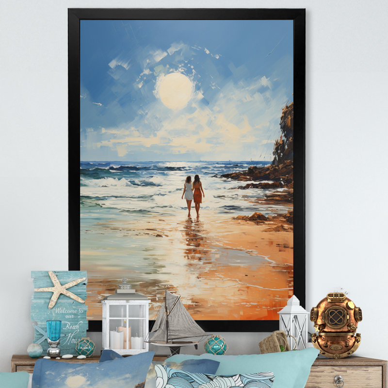 Plage balnéaire balade pointillisme sur toile, Cadre photo noir, H 20 po x l 12 po x P 1 po