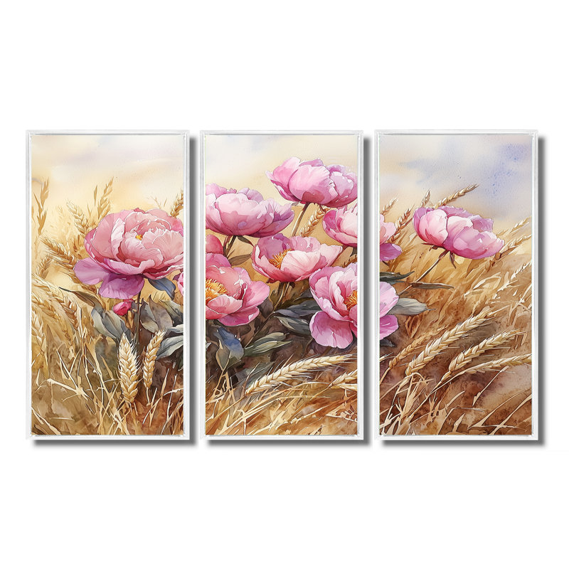 Pivoines dans le champ de blé II - art mural pivoines - ensemble de 3, H 28 po x l 36 po, Blanc