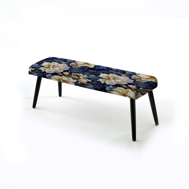 Deep Blue And White Daisy Flower - Floral Upholstered Black Bench