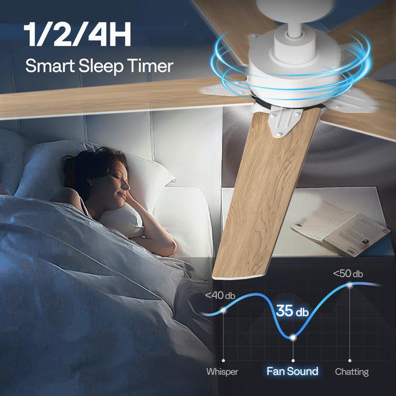 52 Inch Low Profile Ceiling Fan With Led Light And Remote, White, Beige Wood/White