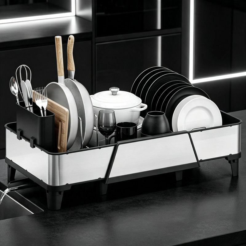 Large Expandable Dish Drying Rack, Stainless Steel with Cutlery & Cup Holders, Rustproof