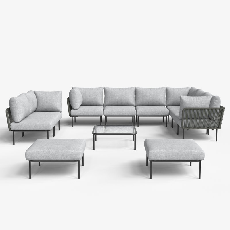Latitude Run 11 Pieces Aluminum Patio Furniture Set, Modern Modular Sectional Sofa with Coffee Table and Upgrade Thickness Cushion