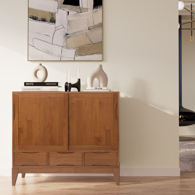 Armoire de rangement de style Mid-Century moderne en bois franc massif avec portes coulissantes et tiroirs Harper