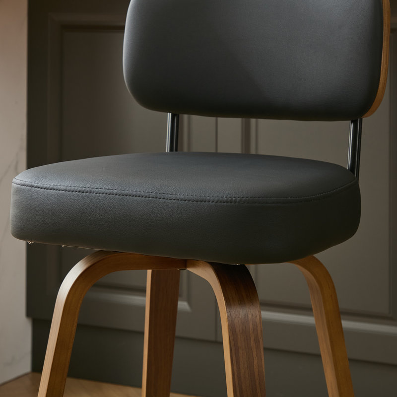 30" Swivel Upholstered Bar Stool with Walnut-Finish Bentwood Frame, Black, 3