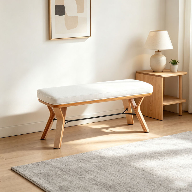 Banc en bois naturel Folia Mid-Century, Crème + naturel, Crème
