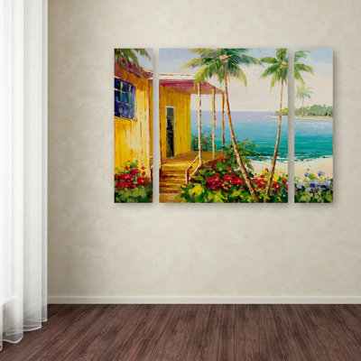 «Key West Villa» par Clidy, ensemble de 3 reproductions d'art sur toiles tendues Clidy