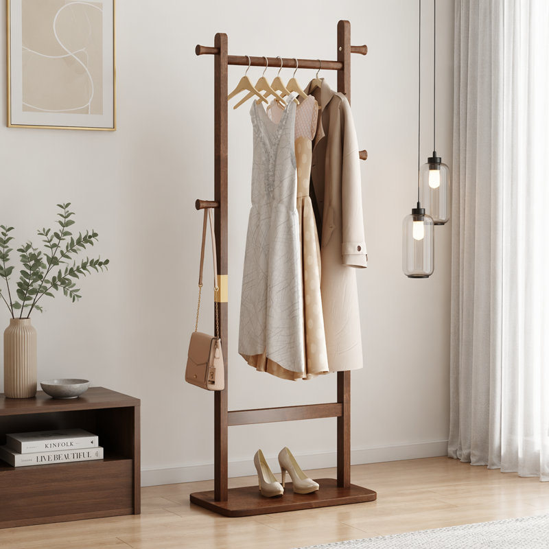 Portemanteau en bois massif à texture naturelle, facile à assembler et peu encombrant pour les chambres à coucher, les entrées et les salons