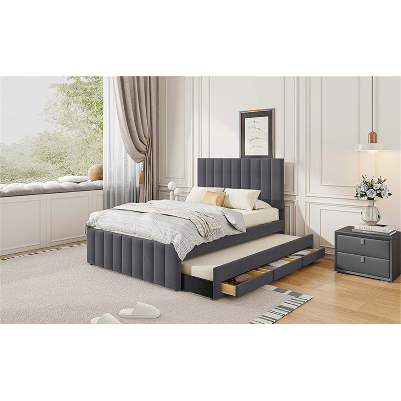 Lit plateforme double tapissier avec lit gigogne simple et 3 tiroirs, tissu en lin, Lit double, Gris