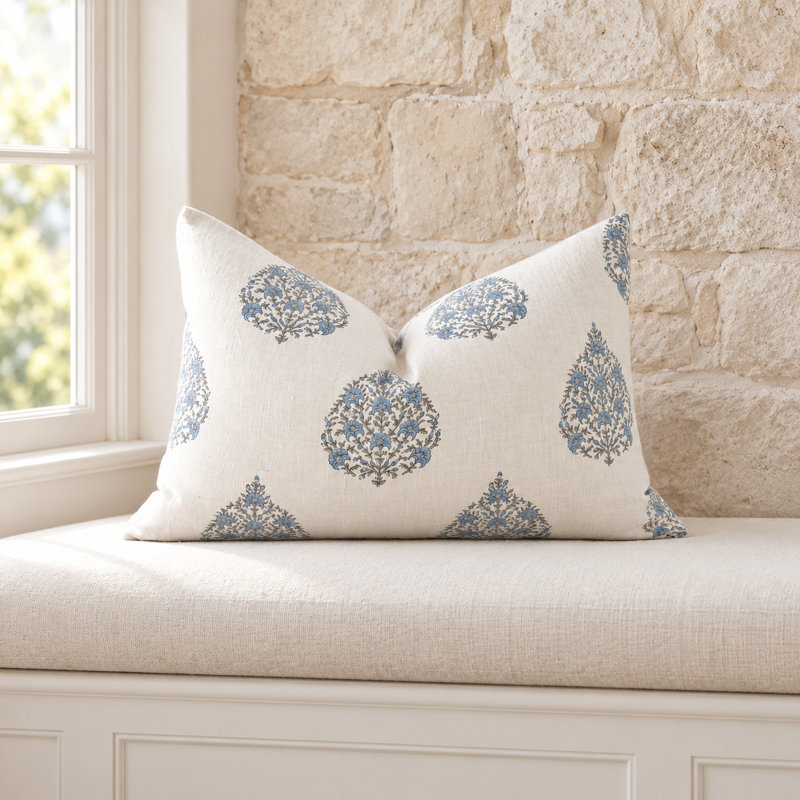 Blue Floral Block Print, 1 Pillow Set, Rectangle 16"H x 24"W