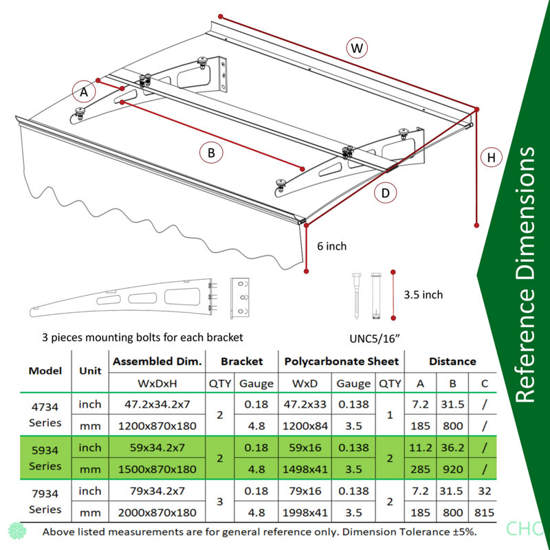 Door Window Awning Canopy W59"Xd34" Made Of 0.137Inch /3.5Mm Thick Virtually Crystal Solid Polycarbonate Sheet With Polyester Valance For Wooden House.