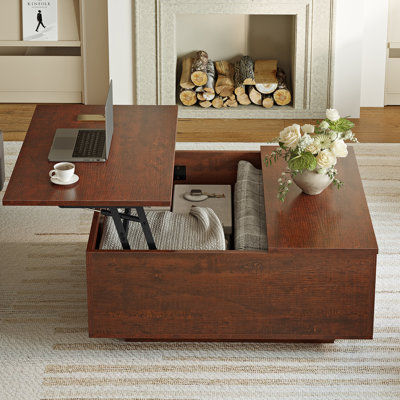 Table basse carrée en bois manufacturé l 32 po avec base en bloc et rangement