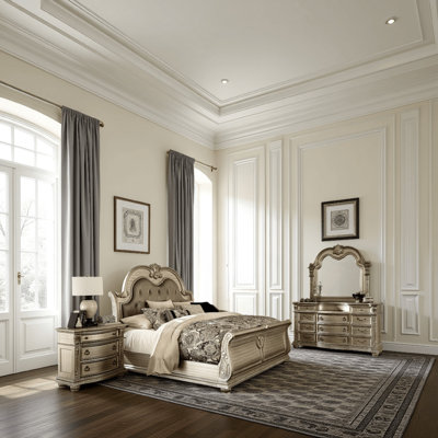 Caitlin Four Pc Queen Bedroom Set, Tufted Faux Leather Headboard, Marble Tops, Silver