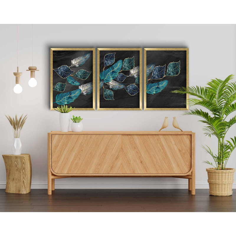 Elegant Decorative Framed MDF Painting Set (3 Pieces), Blue & Navy Blue with Gold & White Accents, 15 x 21 inches Each | 100% MDF (Thickness: 0.1 in) & Wooden Frame (Thickness: 0.9 in) | Perfect for Living Room & Bedroom Décor