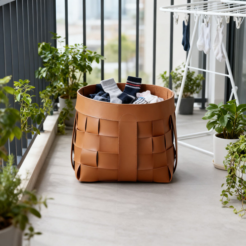 Orange-Brown, Large, Handwoven Leather Storage Basket - Stylish Designer Organizer For Clothes, Toys, Linens & Home Essentials - Versatile Multi-Purpose Use - Fits Various Home Decor Styles