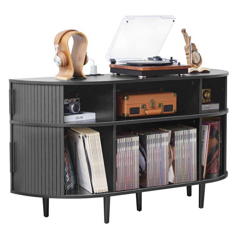 Half-Moon Record Player Stand With Charging Station, Black