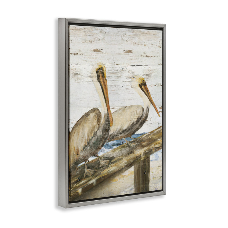 «Rustic Pelicans Perché» par Julie DeRice, H 25 po x l 17 po, Cadre flottant gris lustré
