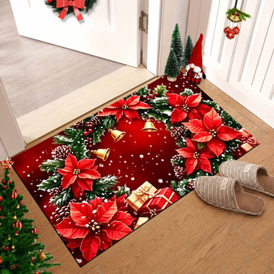 Tapis de porte de Noël antidérapant pour intérieur et extérieur, 61 x 91 cm, bordure de poinsettias rouges enneigés