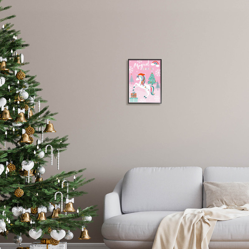 Licorne magique de Noël rose - 111, Giclée encadrée noir minuit, H 14 po x l 11 po x P 1,5 po