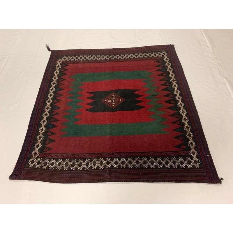 Tapis carré en laine noué à la main de conception unique de 4 pi 9 po de couleur rouille / vert / noir