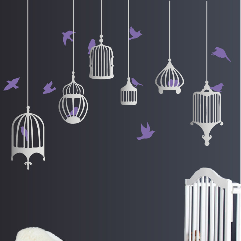 Décalcomanie murale galores oiseau, H 48 po x l 58 po x p 0,01 po, Mauve / argenté