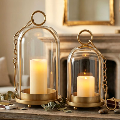 Décoration de Noël : Ensemble de 2 cloches à bougies en verre avec cadre en métal et crochets de suspension, style vintage. Idéales pour décorer une table lors d'un anniversaire, d'un mariage ou pour Noël.
