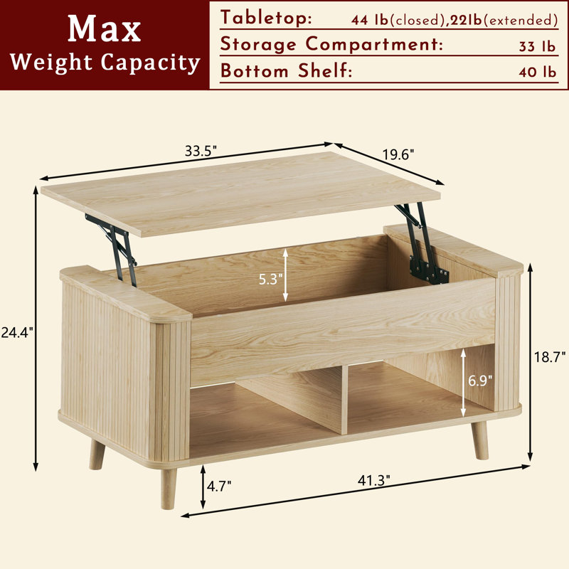 41" Lift Top Coffee Table With Storage, Oak Wood