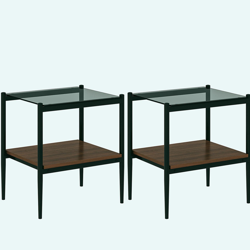 Ensemble de 2 tables de bout rectangulaires, plateau en verre trempé avec panneau de fibres à densité moyenne, table de salon moderne