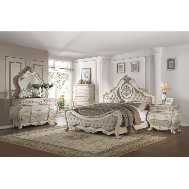 King Beige Linen and Antique White Tufted Upholstered Bed