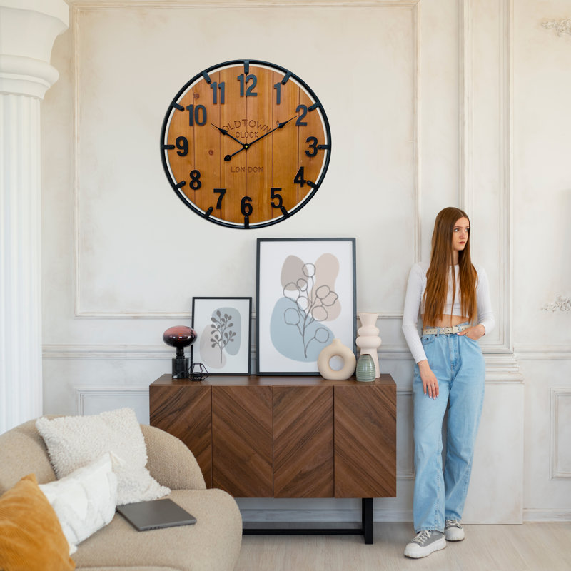 Horloge murale rustique en bois avec cadre en fer (blanc, 24 pouces), Médium