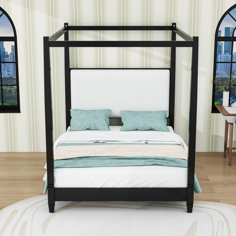 Lit plateforme à baldaquin en bois avec tête de lit tapissier, Grand lit, Noir