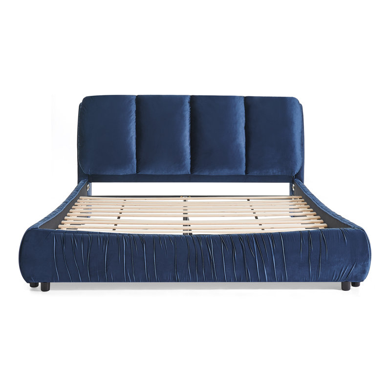 Grand cadre de lit tapissier grand, lit plateforme moderne en velours avec tête de lit moelleuse segmentée et repose-pieds robuste, bleu foncé