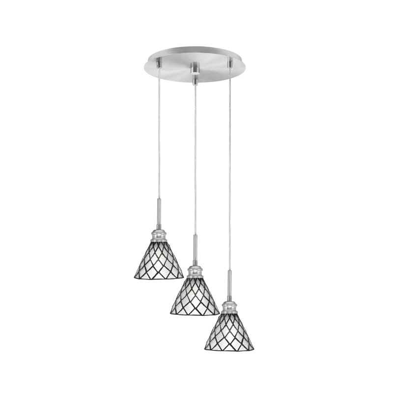 Luminaire suspendu grappe à 3 lumières Edge avec finition en nickel brossé et verre de glace à losanges de 7 po