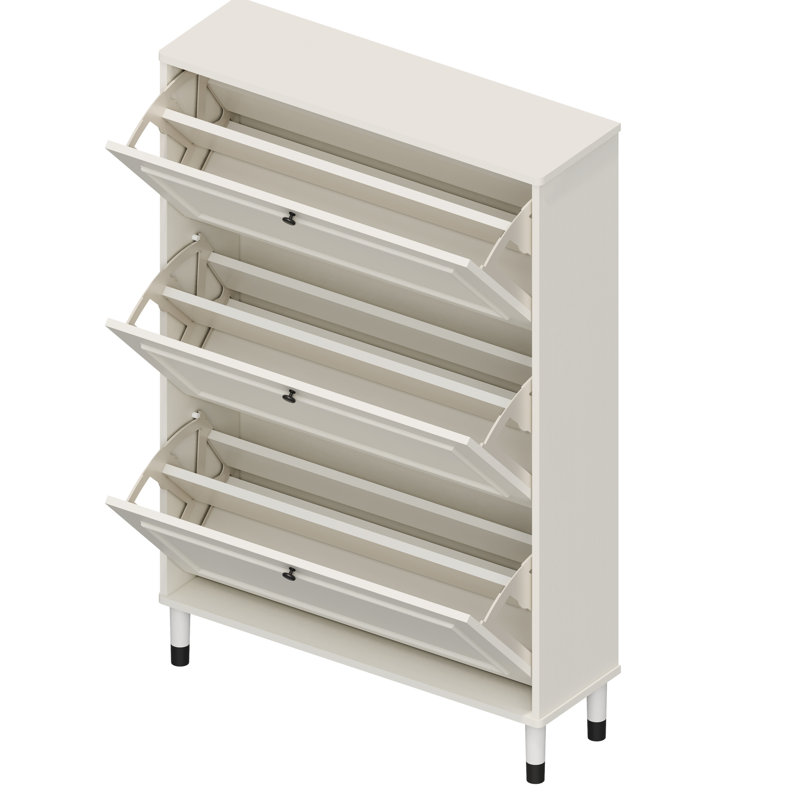 Organisateur de chaussures d'entrée élégant, conception mince, 3 tiroirs rabattables, rangement vertical, plus de chaussures, couleur blanc antique, aspirateur robotique - étagère autoportante étroite, vestibule, armoire, compartiments
