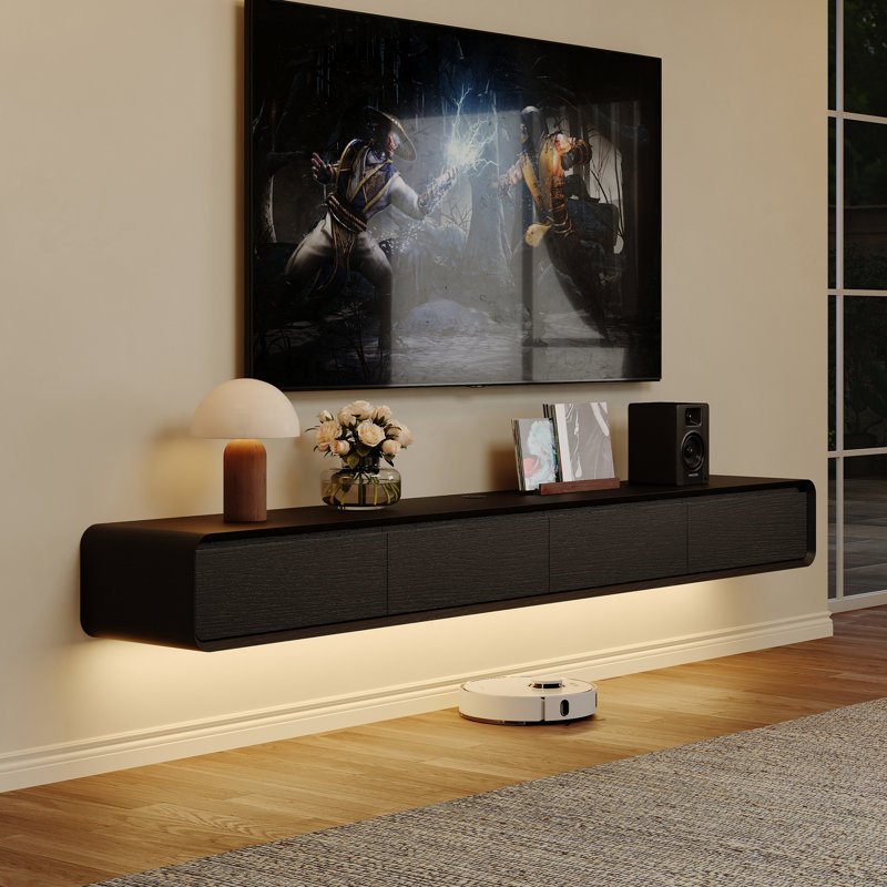 Meuble télé flottant, centre de divertissement avec lumière DEL, bois massif, entièrement assemblé, Noir