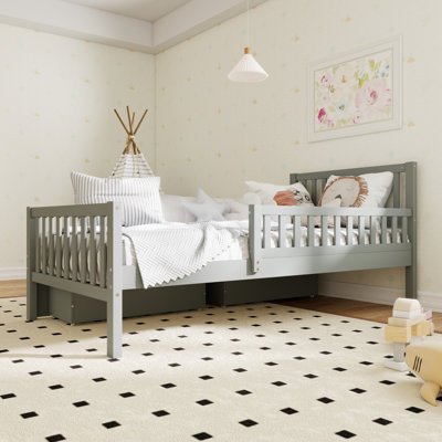 Minimalist Style Both Sides Guardrails Wood Platform Bed With Two Storage Drawers And Headboard
